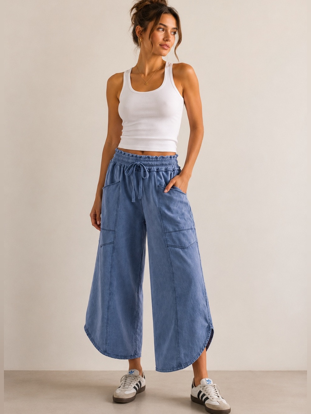 Wide Leg Drawstring Denim Pants in Blue